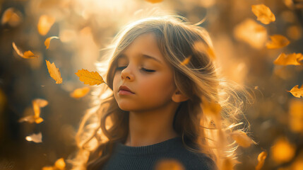 Fototapeta premium A young girl surrounded by floating leaves, each leaf transforming into different childhood memories, soft sunlight filtering through