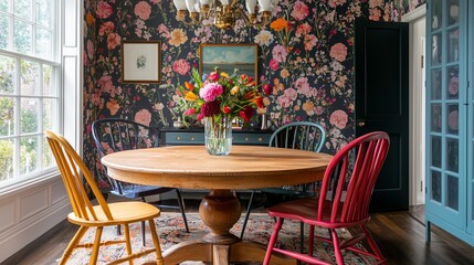 Interior design featuring playful patterns with vibrant floral wallpaper and colorful chairs
