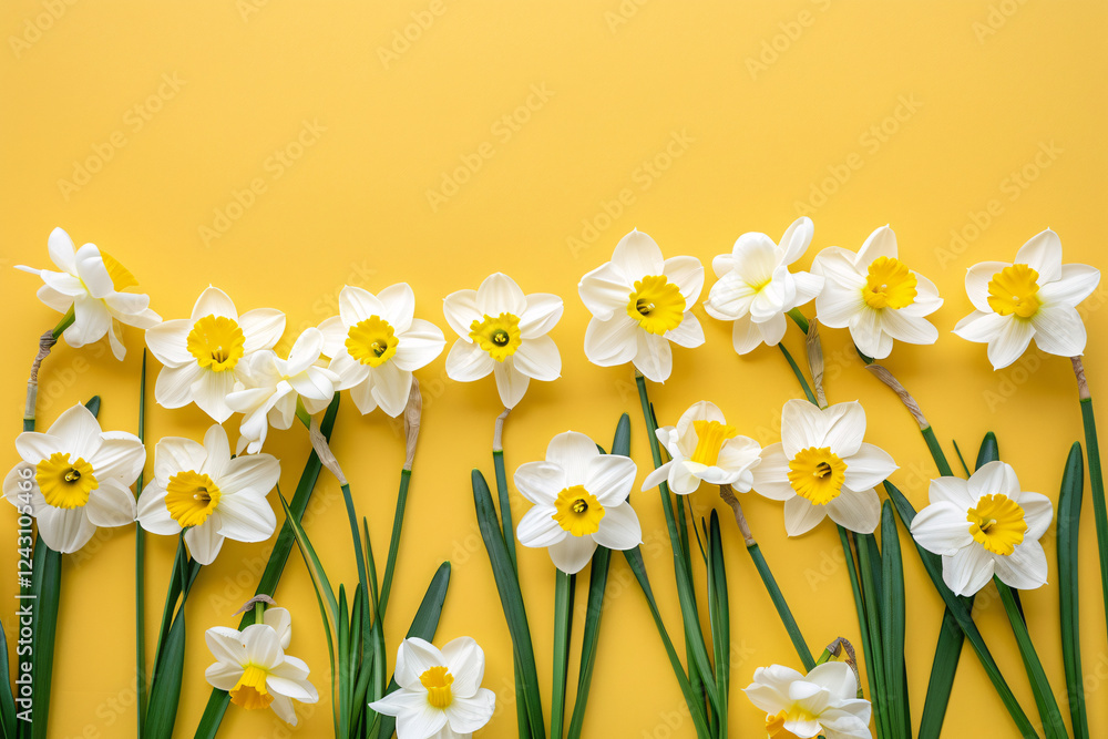 Poster gorgeous white and yellow daffodils form a border against a vibrant yellow backdrop