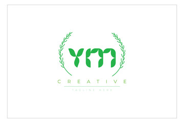 YM letters eco logo with leaf. Fresh nature and healthy leaf logo design.