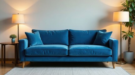 Serene Living Room with Plush Velvet Sofa and Soft Lighting