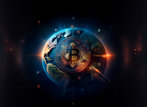 Digital currency symbol integrated onto a vibrant globe.  Glows with futuristic energy, representing global finance and technological advancement. - Powered by Adobe