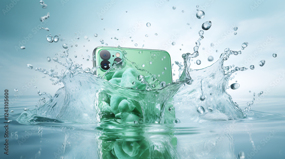 Aufkleber The liquid swirls around a phone on a white and green background, creating a tech-inspired backdrop.

