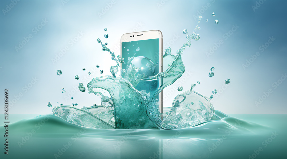 Aufkleber the liquid swirls around a phone on a white and green background, creating a tech-inspired backdrop.