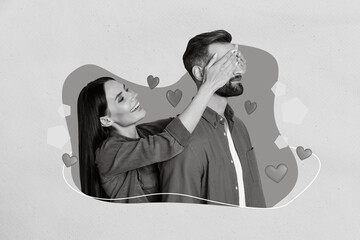 Photo poster advertisement holiday celebration february valentine day wife cover eyes husband...