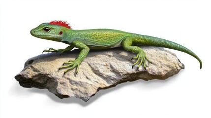 Obraz premium Green lizard with red crest perched on a rock on a white background