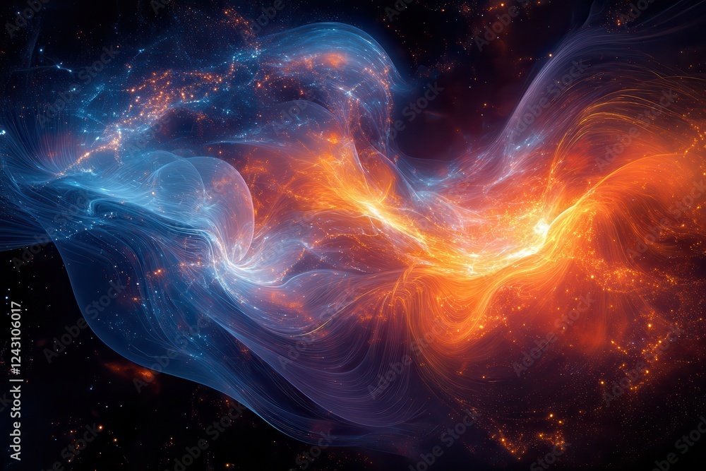 Poster abstract blue and orange nebula with vibrant colors and intricate patterns in a cosmic background