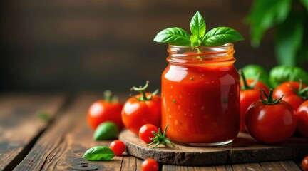 A Rustic Still Life Featuring Homemade Tomato Sauce in a Glass Jar, Surrounded by Fresh Tomatoes and Basil Leaves on a Wooden Surface