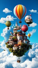 Fototapeta premium A whimsical world where hot air balloons support floating villages, drifting endlessly through a realm of shifting colors