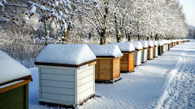 Rows of colorful bee hives are blanketed in snow beside a serene, tree-lined path during winter weather