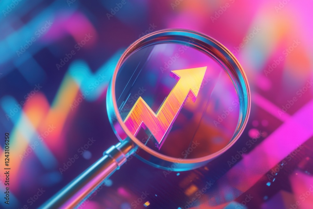 Poster a magnifying glass is used to look at a graph with a rising arrow
