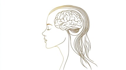 A simple vector line drawing of the profile outline with a brain inside, on a white background, using brown lines, in a minimalist, flat illustration style. The design is simple and minimalist, 