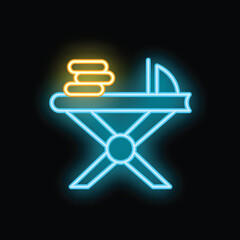 Glowing neon line icon of a blue ironing board with yellow ironed laundry on top, isolated vector illustration on a black background