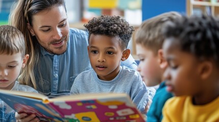 Obraz premium A teacher reads a book to a group of children