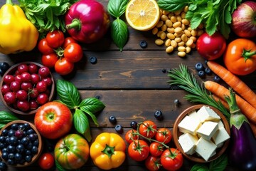 A vibrant array of fresh, colorful produce and dairy arranged artfully on a dark wooden surface, creating a visually appealing and healthy food composition.