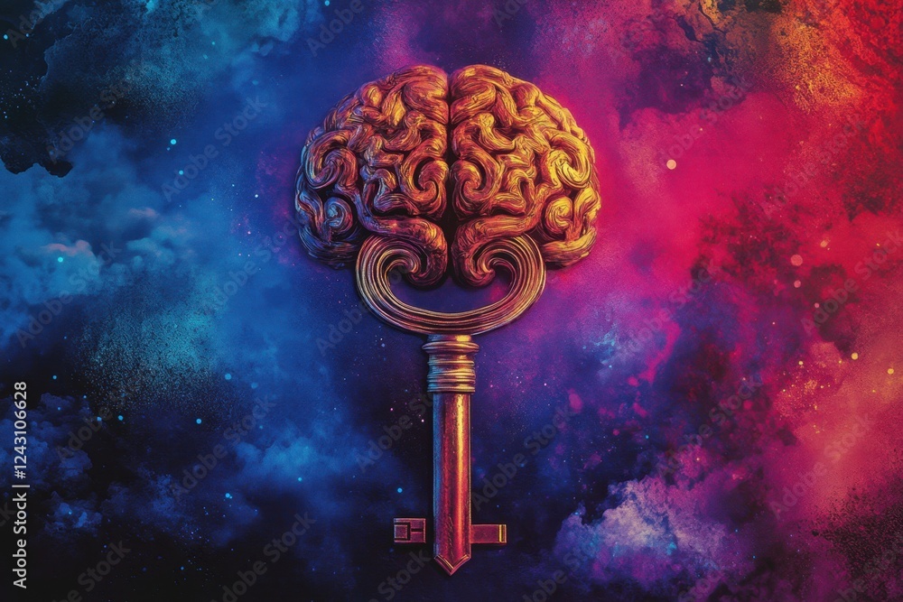 Aufkleber a key is shown in a colorful background with a brain on top of it