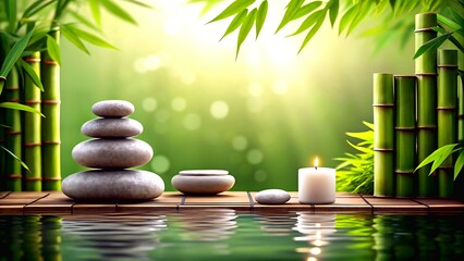 Serene Wellness Space with Bamboo, Stones, and Relaxing Water Element