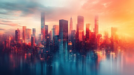 Fototapeta premium City skyline with tall skyscrapers silhouetted against a colorful sunset sky over urban landscape