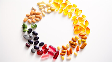 Obraz premium A variety of vitamin icons on a white background, creating a clean, modern design for a health-focused, digital display.