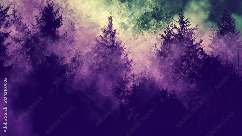 Poster mysterious fog envelops a dark forest during twilight, creating an enchanting atmosphere