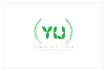 YU letters eco logo with leaf. Fresh nature and healthy leaf logo design.