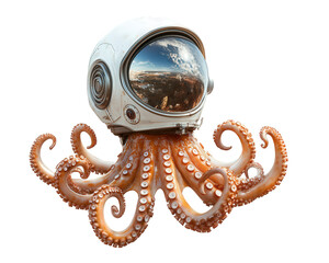 Goofy octopus wearing space helmet, floating in zero gravity, showcasing whimsical and adventurous spirit. reflection in helmet adds touch of wonder