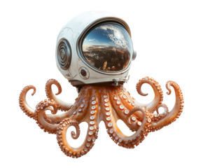 Goofy octopus wearing space helmet, floating in zero gravity, showcasing whimsical and adventurous spirit. reflection in helmet adds touch of wonder