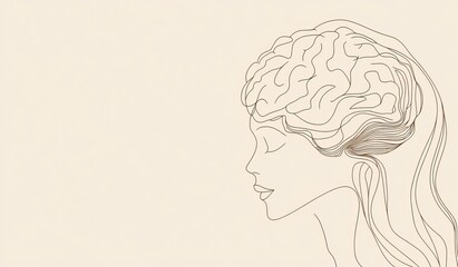 A simple vector line drawing of the profile outline with a brain inside, on a white background, using brown lines, in a minimalist, flat illustration style. The design is simple and minimalist, 