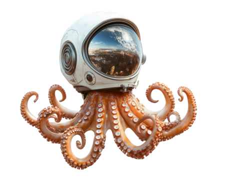 Goofy octopus wearing space helmet, floating in zero gravity, showcasing whimsical and adventurous spirit. reflection in helmet adds touch of wonder