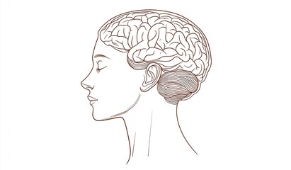 A simple vector line drawing of the profile outline with a brain inside, on a white background, using brown lines, in a minimalist, flat illustration style. The design is simple and minimalist, 