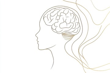 A simple vector line drawing of the profile outline with a brain inside, on a white background, using brown lines, in a minimalist, flat illustration style. The design is simple and minimalist, 