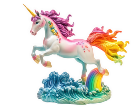 vibrant unicorn figurine leaps over colorful waves, embodying magic and whimsy. Its rainbow mane and tail add playful touch to this enchanting scene - Powered by Adobe