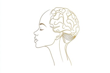 A simple vector line drawing of the profile outline with a brain inside, on a white background, using brown lines, in a minimalist, flat illustration style. The design is simple and minimalist, 