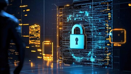 An artistic representation of cybersecurity concerns, focusing on hacker alerts and data safety.