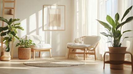 A living room with a white couch, a chair, and a potted plant