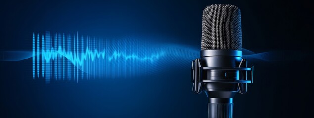 Studio microphone recording audio waves, blue background
