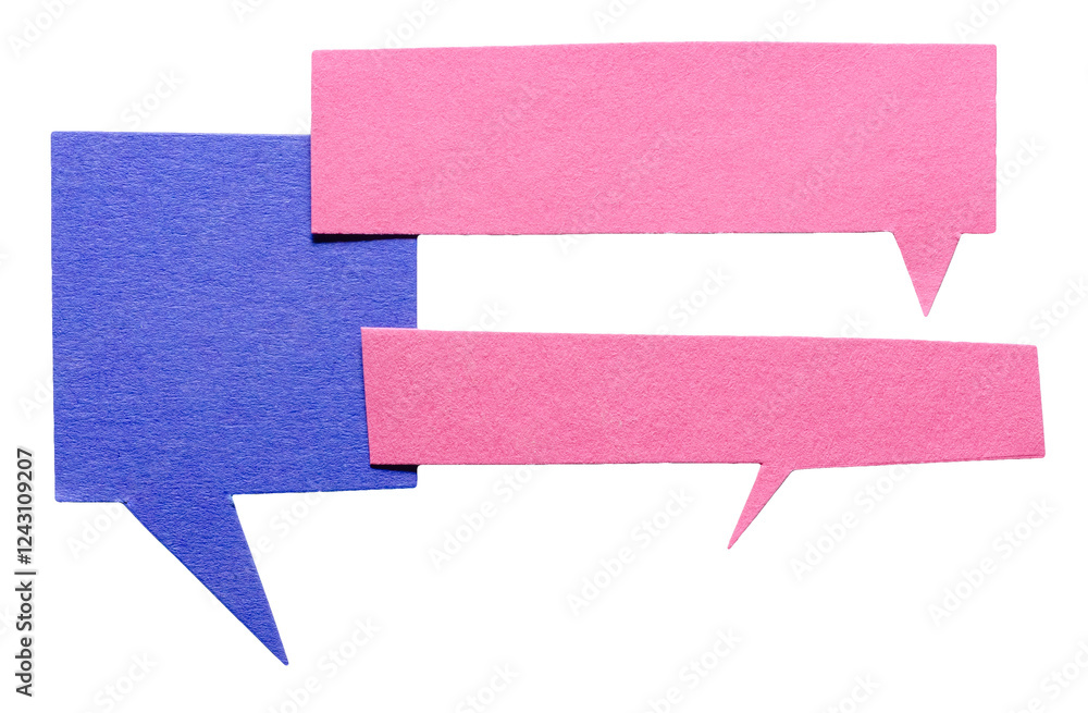 Poster blue pink blank cut out cardboard paper speech bubbles with rough edges and copy space for text on t