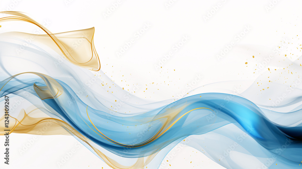 Poster a white background featuring blue and gold swirls in the water, creating an abstract technology-insp