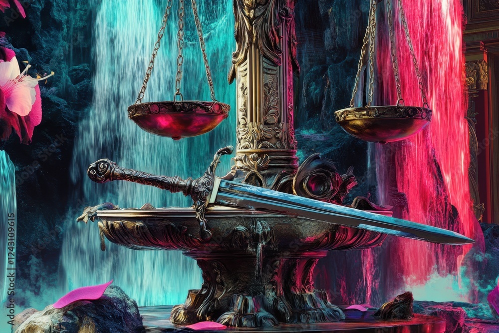 Poster a sword is displayed on a scale in a fantasy setting