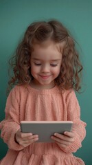 Kids with curly hairstyles laughing while clutching a tablet on a green backdrop