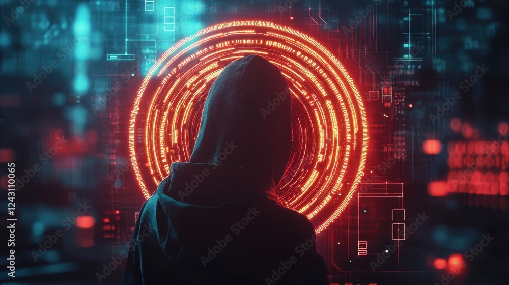 Poster person in hooded jacket standing in front of a large circular light source in a dark environment