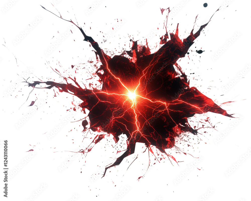 Poster dramatic scene of lightning bolts clashing, creating explosive visual effect with vibrant red and bl