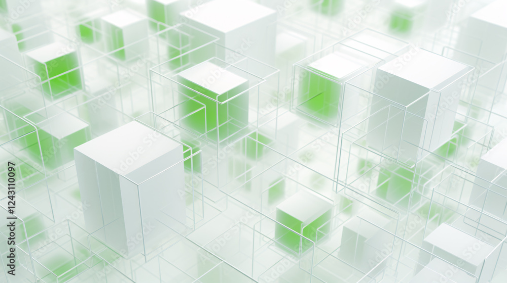 Poster a complex white geometry made of cube segments with green accents, ideal for wallpaper and presentat