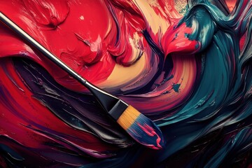Fototapeta premium A paintbrush is laying on a canvas with a splash of red and blue paint