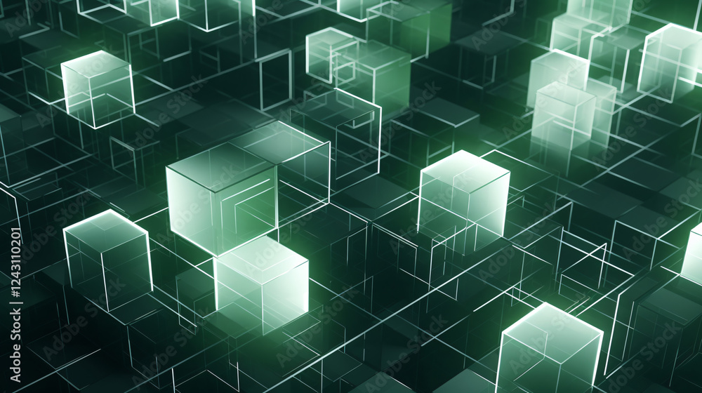 Poster a complex white geometry made of cube segments with green accents, ideal for wallpaper and presentat