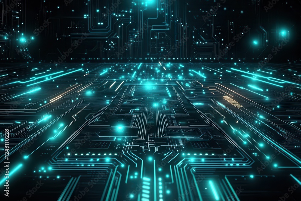 Aufkleber close up of a circuit board with glowing lights and intricate electronic components in a dark enviro