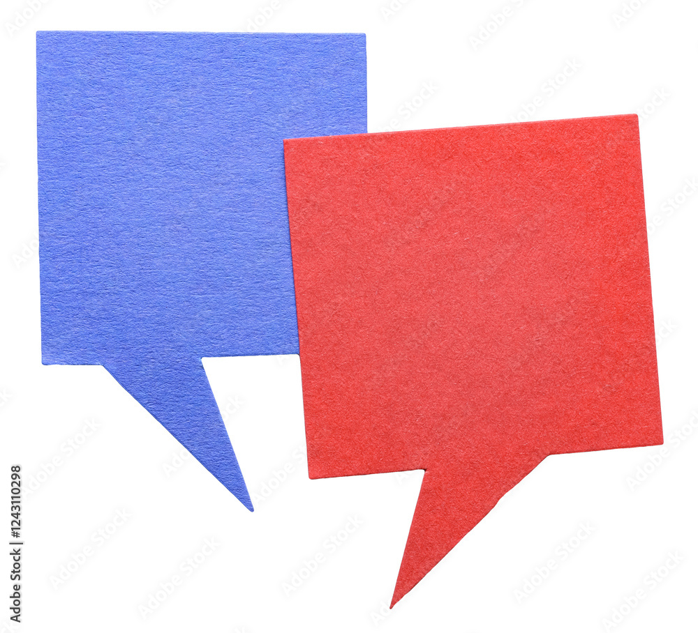 Aufkleber blue red blank cut out cardboard paper speech bubbles with rough edges and copy space for text on tr