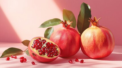 ripe pomegranates on a pink backdrop with seeds and green leaves