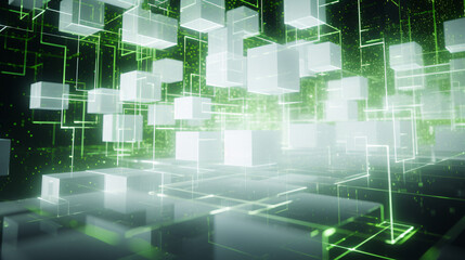 A complex white geometry made of cube segments with green accents, ideal for wallpaper and presentation backgrounds, offering a modern, structured design.

