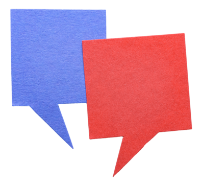 Blue red blank cut out cardboard paper speech bubbles with rough edges and copy space for text on transparent png background design element